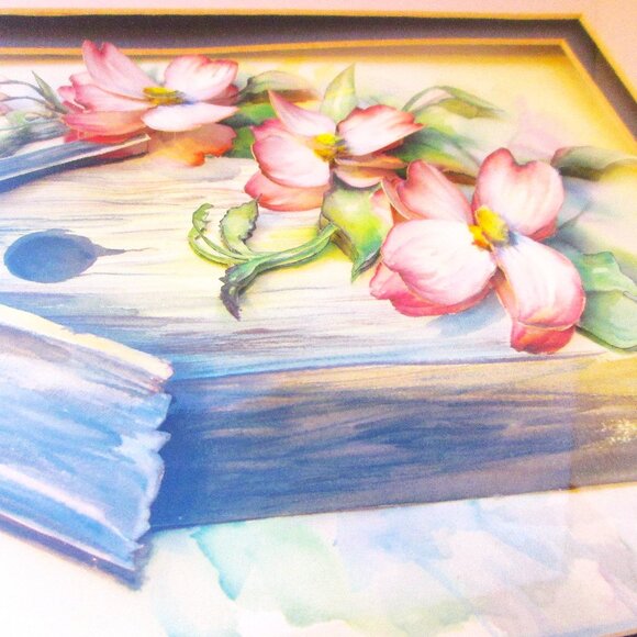 Vtg 3D Framed Matted  Birdhouse and 3D Dogwood Flowers Watercolor Art Print - Picture 3 of 5